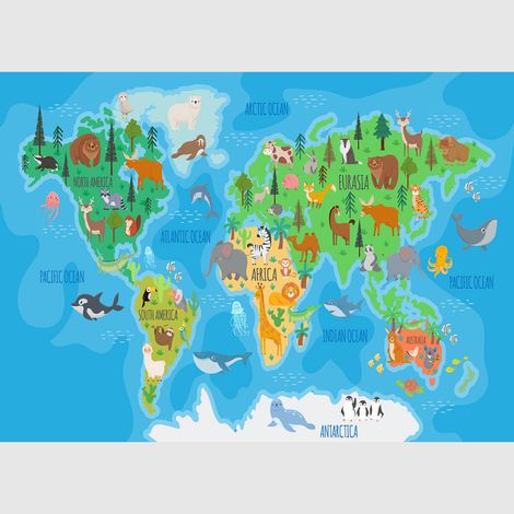 Papier peint intissé - Carte du monde des animaux aux couleurs vives - 375x270 cm (1/4)