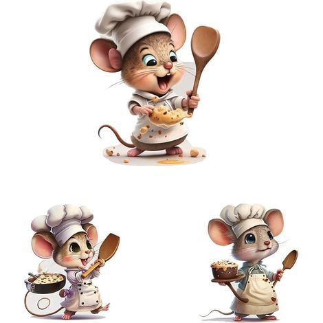Lot De 3 Stickers Muraux Décoratifs, Souris Mignonne En Cuisine, Décoration Murale Cuisine, Design Cartoon (3) (1/5)