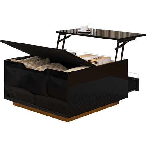 TABLE Multifonctionnelle LED Rangement Plateau Relevable Particle Board Noir 70.00 x 70.00 x 38.00 cm (1/5)