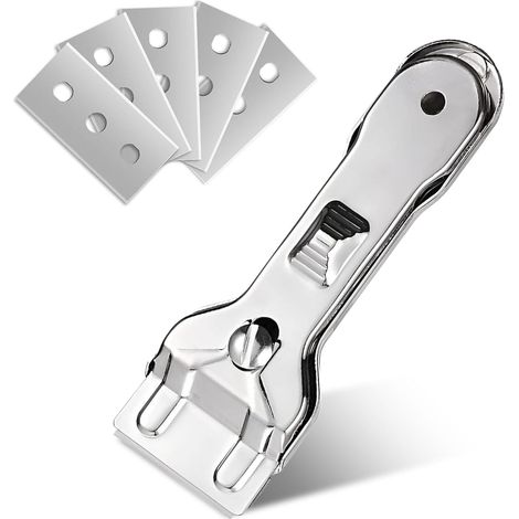 Grattoir pour plaque vitrocéramique, métal avec 5 lames inox de rechange, raclette pour plaque induction, four, verre et surfaces de cuisson (1/5)