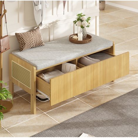 Schuhbank mit Stauraum, Bambus und MDF, 113 x 40 x 45,5 cm, natur und grau HAVRYA (1/5)