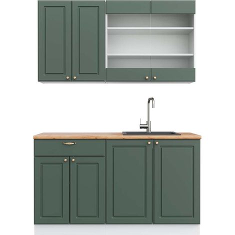 Cucina completa Fame-Line, Verde-oro rustico/Bianco, 140 cm , PL Rovere, Vicco