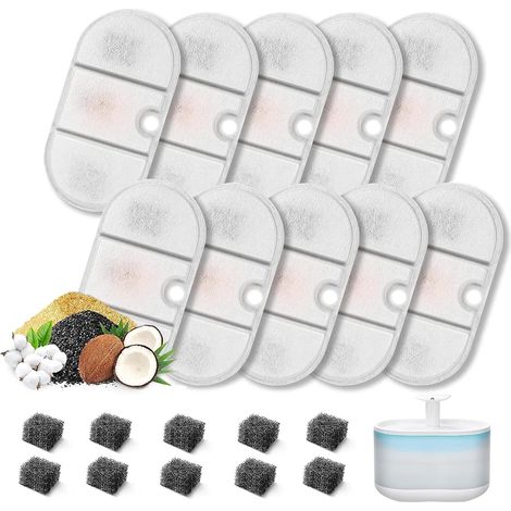 Filtri per fontanelle per gatti - 10 set di filtri per fontanelle da 2,1 litri, inclusi 10 filtri al carbone attivo e 10 filtri in schiuma. Filtri di ricambio in resina e carbone attivo.