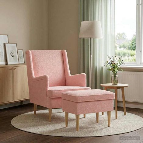 vidaXL Sillón con Pouf 2 uds. Rosa Bouclé (1/5)