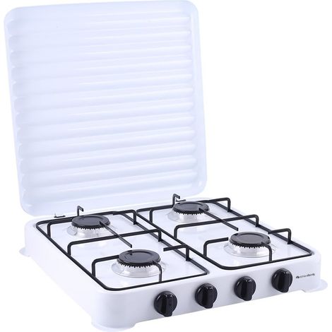 Melchioni Family  Fornello a Gas Modello MINERVA NEW, Quattro Fuochi, Colore Bianco, per Utilizzo Esterno, con Griglia e Fuochi Rimovibili e Coperchio