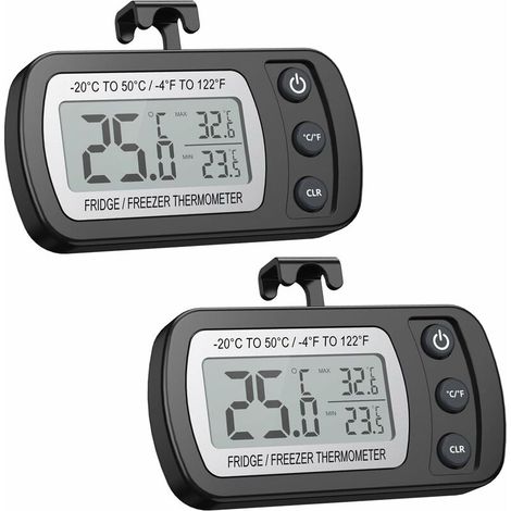 2 Stück elektronisches Küchen-Kühlschrank-Thermometer, feuchtigkeitsbeständig und wasserdicht, verbesserte Version mit Magnet und Haken, Schwarz (-20–50 ℃) (1/5)