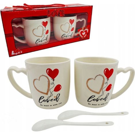 Juego de 2 tazas Ecarla de 300 ml con cucharas en una caja decorativa de San Valentín KB24