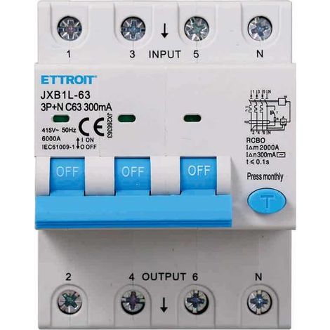 Disjoncteur différentiel 3P+N 63A 6kA 300mA 380V occupe 4 modules DIN Ettroit JX266363 (1/4)