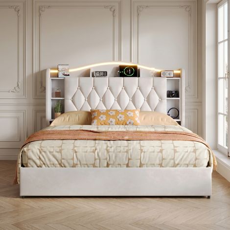 Lit coffre 160x190 cm velours capitonné avec tête de lit connectée (USB/Type-C, induction, LED) et rangement hydraulique - Facile à monter (1/5)