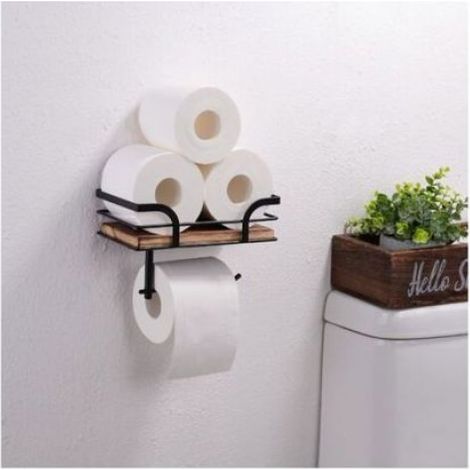 Porte-Papier Toilette - Bois Massif - Barre Métallique Noir Anthracite - Salle De Bain Rustique - 1 Pièce (1/5)