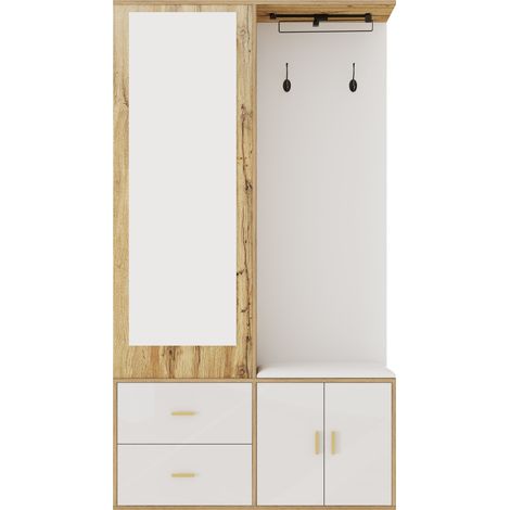 Mobile ingresso con specchio, scarpiera, panca e appendiabiti bianco e legno 100 x 38 x 180 cm (1/5)