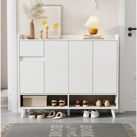 Aparador zapatero 120x35x99 cm blanco en tablero de partículas con 4 puertas, 1 cajón y estante ajustable (1/5)