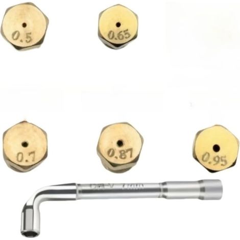 Lot de 5 buses en laiton pour cuisinière à gaz 0,5 0,65 0,7 0,87 0,95 mm avec clé pour brûleur GPL propane Jet Kit de remplacement résistant aux hautes températures Finition dorée (1/5)