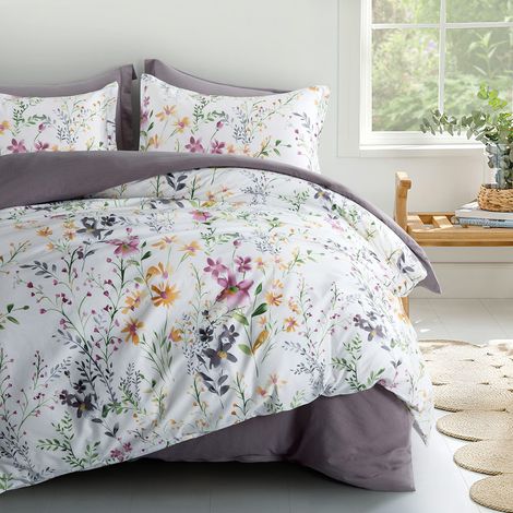 Parure de lit 3 pièces en Coton avec Housse de Couette Motif Floral Floral botanique, Nature, vignes, Branches, Oiseaux, Papillons, Fleurs Multicolores (Super King Size, Blanc) (1/2)