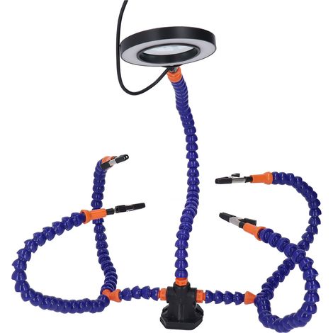 Poste de soudage à bras articulé 5 mâchoires, loupe USB 3X, bras flexibles en ABS, lampe intégrée, bleu (1/5)