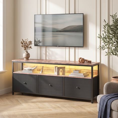 Meuble TV avec LED, 108 cm, 3 Tiroirs en Tissu, Étagère Ouverte, Cadre Métallique, Style Industriel, Noir et Bois Vintage (1/5)