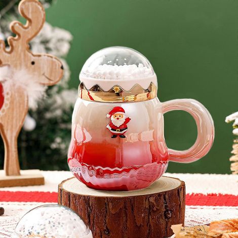 Mug de Noël en céramique, 500 ml, dégradé de rouge et de vert nacré, avec couvercle. (1/5)