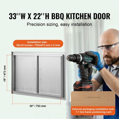 Porte d'accès barbecue 838x558 mm, double porte cuisine extérieure inox encastrée, porte murale verticale poignées, îlot BBQ, station grill, meuble dehors (1/5)