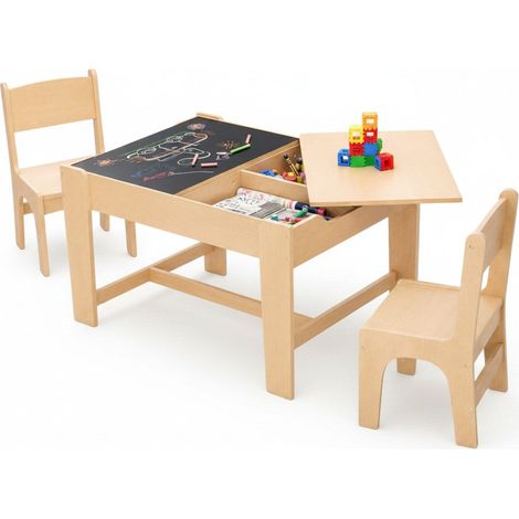 Tavolo GINGER HOME in Legno con 2 Sedie per Bambini, Lavagna e Vano Portaoggetti, 82×60,5×48 cm (1/5)