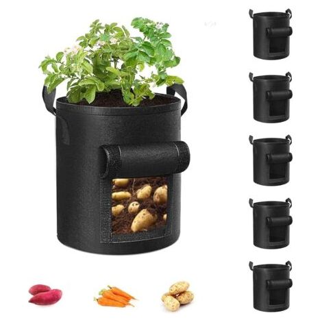 Lot de 5 sacs de culture, sacs de culture de jardin avec poignées renforcées, pots non tissés pour tomates, légumes et fruits, noir (1/5)