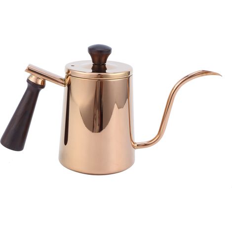 Bouilloire à café de 700ml en acier inoxydable 304, bec à col de cygne, pot d'égouttement avec poignée en bois (long bec or rose)