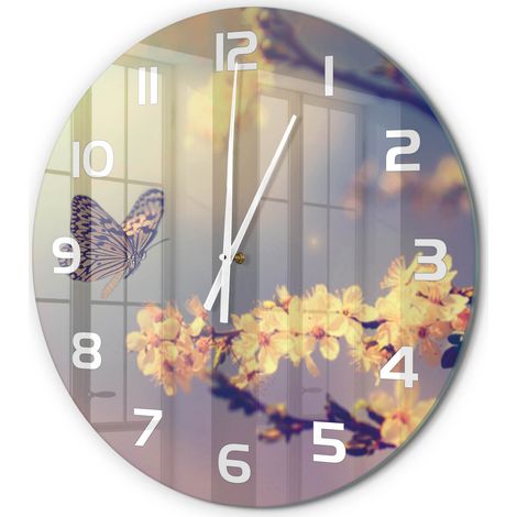 Horloge Murale Ronde Sans Tic-Tac en Verre Moderne Chambre Bureau Fleurs de cerisier et papillon fi 60 cm (1/5)