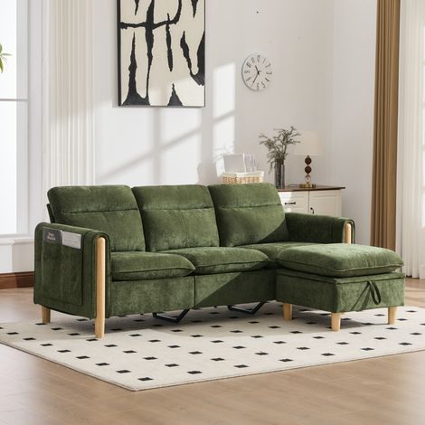 Divano angolare a 3 posti 201x77x86 cm con vano contenitore, tasca laterale e chaise longue reversibile, tessuto ciniglia - verde (1/5)