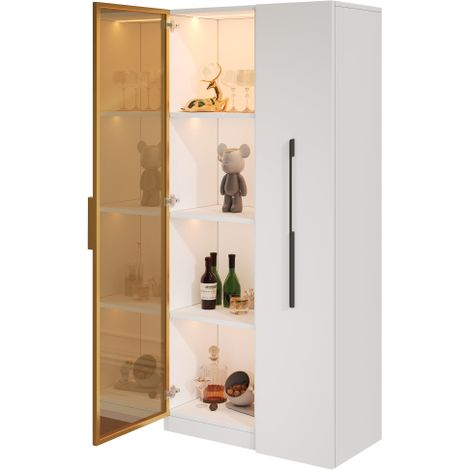 Meuble multifonction – bibliothèque et vitrine avec portes en verre trempé, cadre de porte en aluminium, 1 porte, 1 tiroir latéral, sur roulettes et avec éclairage LED – vitrine, meuble de salle à man