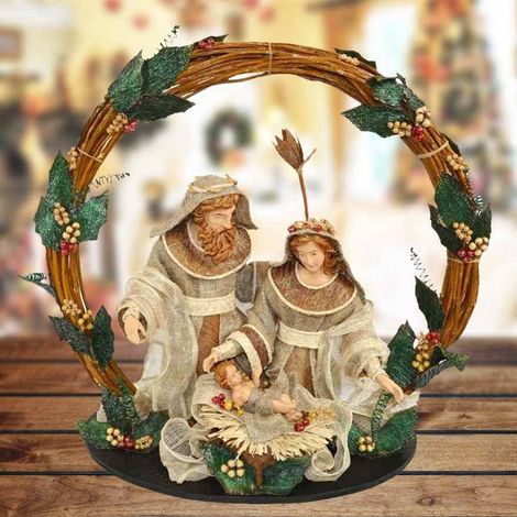 TrAdE Shop Traesio - Presepe Nativita' Con Corona Legno Agrifoglio Altezza 49cm Decorazioni Natalizie - (1/2)