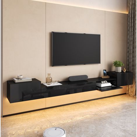 Mueble TV colgante (245x30x26 cm), cerrado, con puertas batientes y abatibles, LED multicolor, MDF y tablero de partículas negro (1/5)