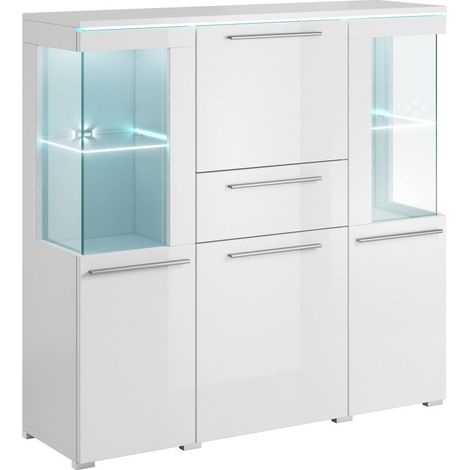 Cómoda Torvire 115, Blanco + Blanco brillante, Con cajones y puertas, Número de cajones: 1, 128x130x39cm (1/2)
