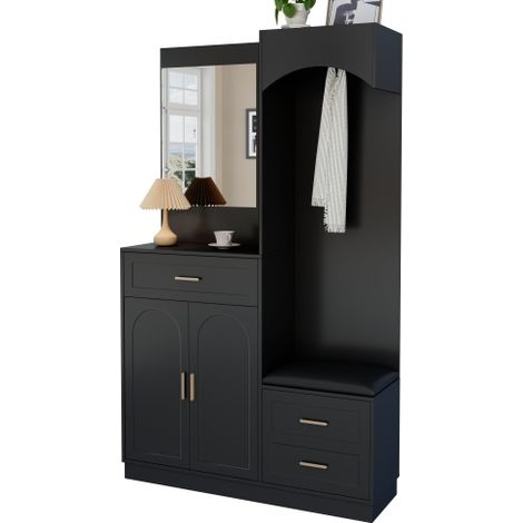 Ensemble d'entrée moderne et compact : Penderie et meuble à chaussures intégrés — Mobilier d'entrée composé d'une unité de rangement multifonction avec miroir intégré