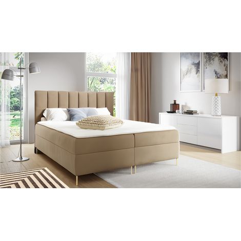 Sofello Bett -- NINE -- Boxspringbett KARAMELL 120x200 Bett mit Bettkasten und eingebauter Matratze + Topper Beige Velour Samtstoff Velvett goldene Beine (1/5)