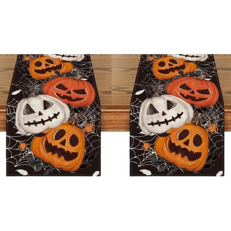Camino de mesa de Halloween, decoración de mesa para el hogar y fiestas, 33 x 183 cm, calabazas negras y telaraña (2 piezas) (1/3)