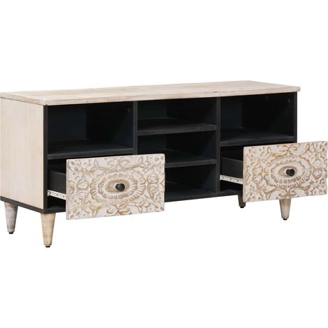 Meuble TV Blanc 100 x 33,5 x 46 cm Bois de mangue massif (1/5)