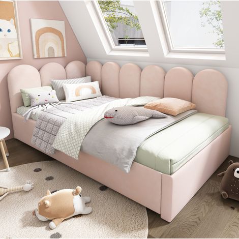 MEUBLIV Lit de jour gigogne capitonné 90 x 200 cm 90 x 190 cm en velours rose avec dossier rembourré design grille pour chambre enfant et chambre d amis (1/5)