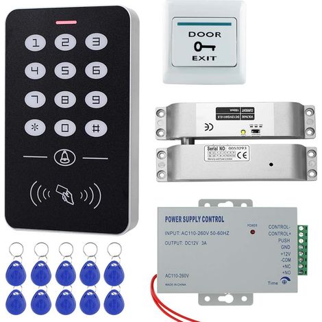 Kit Système Contrôle d'accès Complet + Verrou électrique à pêne dormant + Clavier Contrôle d'accès RFID + Alimentation + 10 pièces RFID Carte porte-clés pour Système Sécurité porte (1/5)
