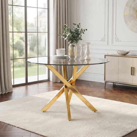 Table ronde à manger, 80 x 80 x 75 cm, plateau en verre, style moderne, pieds dorés, peut servir de table basse ou d'appoint, style minimaliste moderne, or et verre (1/4)