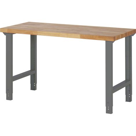 STIER Höhenverstellbare Werkbank Premium, 150x70x79-114cm, aus pulverbeschichtetem Stahl und Buche, flexibel und ergonomisch, ideal für anpassbare Arbeitsumgebungen