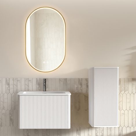 Ensemble de meubles de salle de bains avec lavabo, meuble vasque et miroir LED, meuble sous-vasque mural de 60 cm de large avec vasque, miroir ovale de salle de bains avec cadre doré, blanc (1/4)