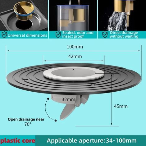 (Black plastic core)Brass Floor Drain Core Fast Drainage Odor And Insect Proof Bathroom Drain Sink Strainer Shower Backflow Preventer Filter Plug (1/4)