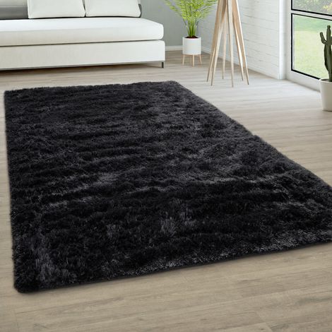 Paco Home Hochflor Teppich Wohnzimmer Fellteppich Kunstfell Shaggy Flauschig Einfarbig 60x100 cm, Schwarz