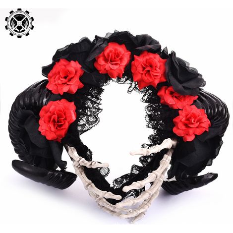 Gothic Lolita-Stil Teufelswidderhorn-Rosenhand-Knochenornament KC Totenkopf Schmetterling Rose Haaraccessoire Punk-Accessoires (1/5)