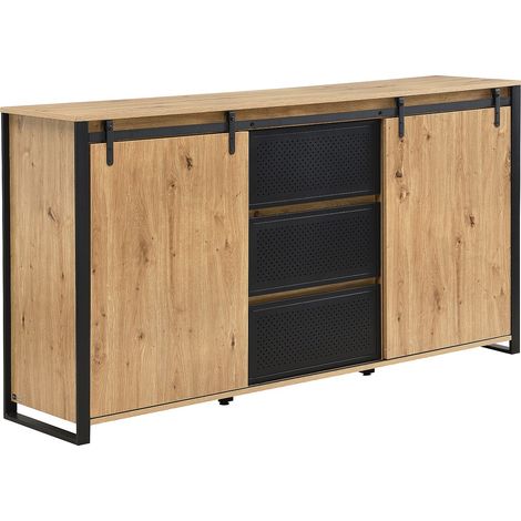 Credenza 2 ante scorrevoli e 3 cassetti in MDF e metallo nero Naturale - BELINARO