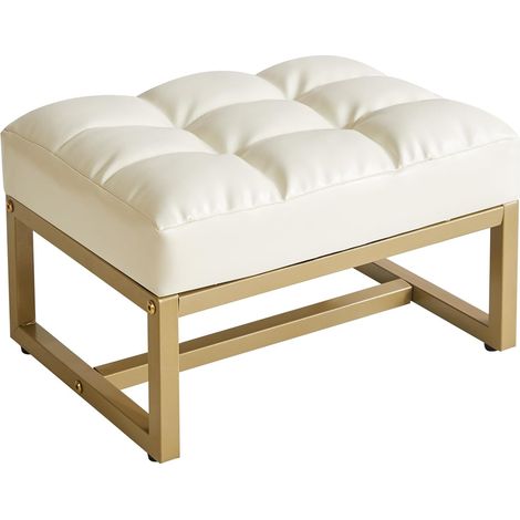 Petit Repose-Pieds Ottoman Rectangulaire en Simili Cuir avec Cadre en Métal Doré, Tabouret à Chaussures pour Salon, Chambre à Coucher, Bureau D'entrée, Blanc YD-JD139W (1/5)