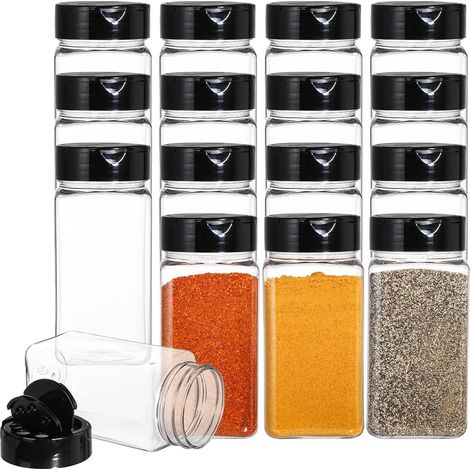 16 barattoli da 100 ml in bottiglie di plastica con tappi neri per conservare spezie, erbe aromatiche e polveri.