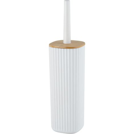 WENKO Set da bagno Rotello, portaspazzolone chiuso in plastica di qualità con coperchio in bambù e superficie rigata, Ø 10 x 36 cm, scopino incluso, spazzola sostituibile, bianco/naturale (1/5)