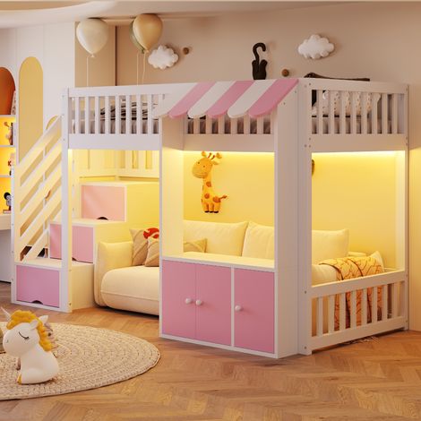 Lit mezzanine en bois 90×200 cm, avec armoire de rangement, escalier de rangement, bande lumineuse LED multicolore, design sous les combles, sommier à lattes, lit simple, rose (1/5)