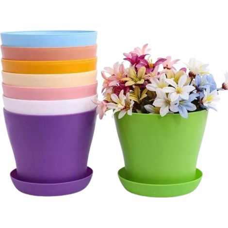 Lot de 8 pots de fleurs et soucoupes en plastique coloré avec plateaux d'égouttement pour décoration de maison ou de bureau (8 couleurs, 14 cm) (1/5)