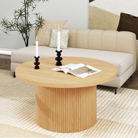 Runder Couchtisch 90 × 90 × 45 cm aus MDF und Naturholz, gerilltes Gestell – MEUBLIV (1/5)